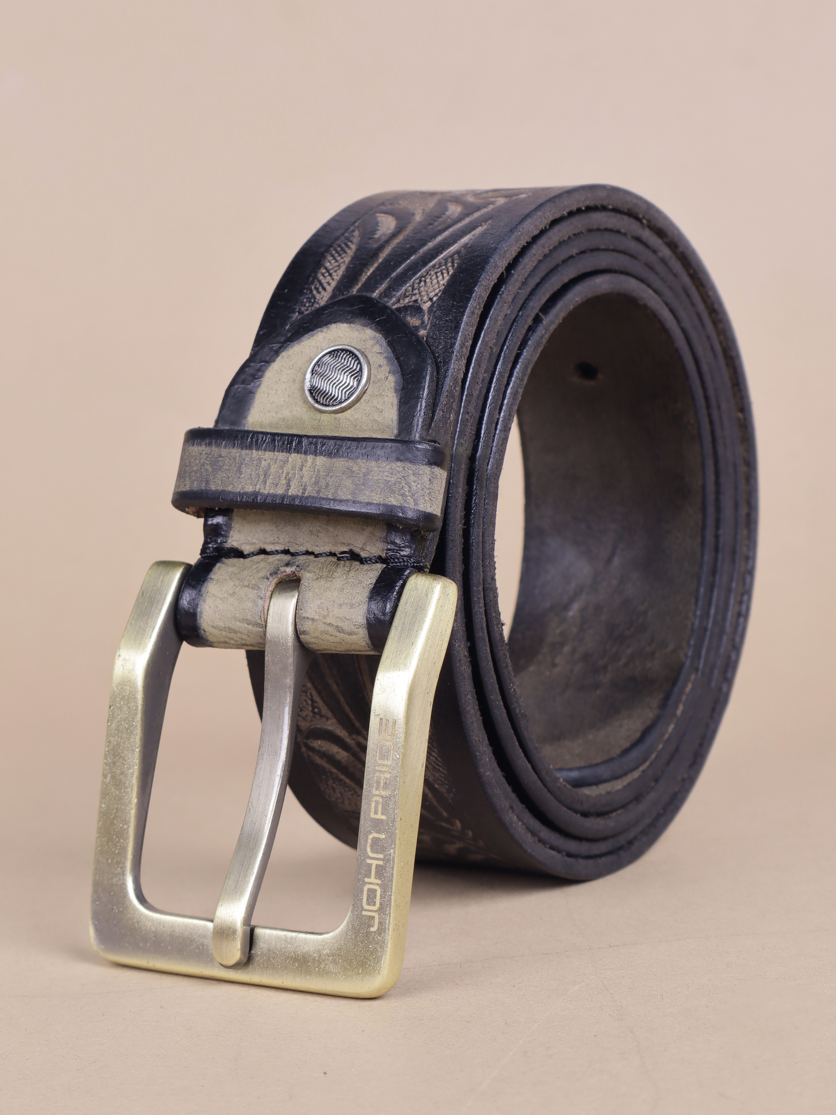 Grey Self Design Leather Belt