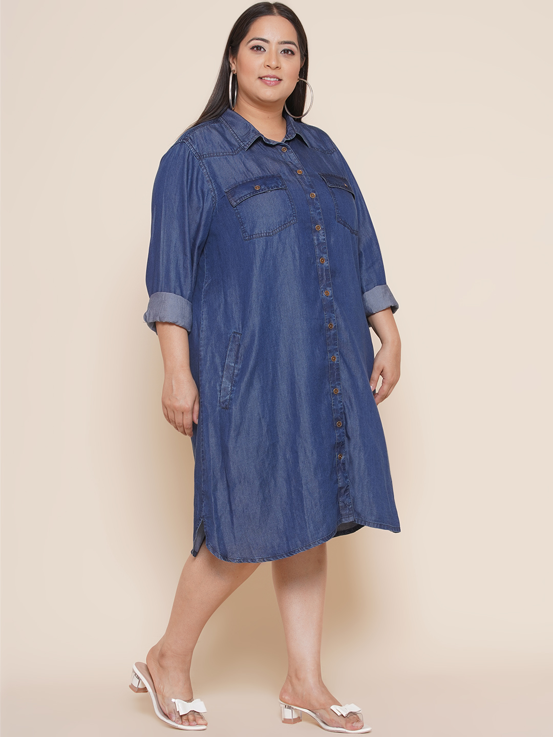Blue A-line Shirt Collar Muslin Dress – EARTHICA
