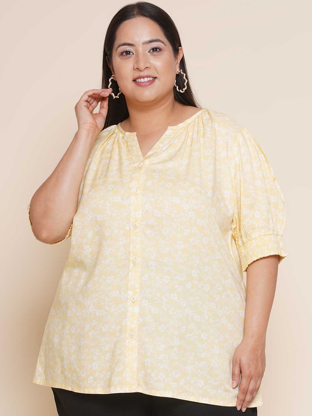 Printed Yellow Tunic With Smocked Sleeves